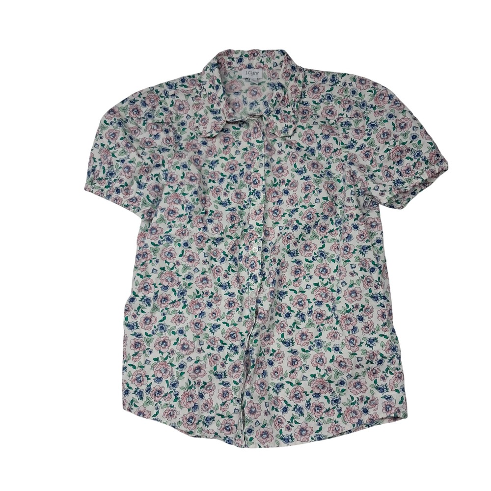 J. Crew Button Up Womens Small White Floral Puff Short Sleeve Ruffle Collar